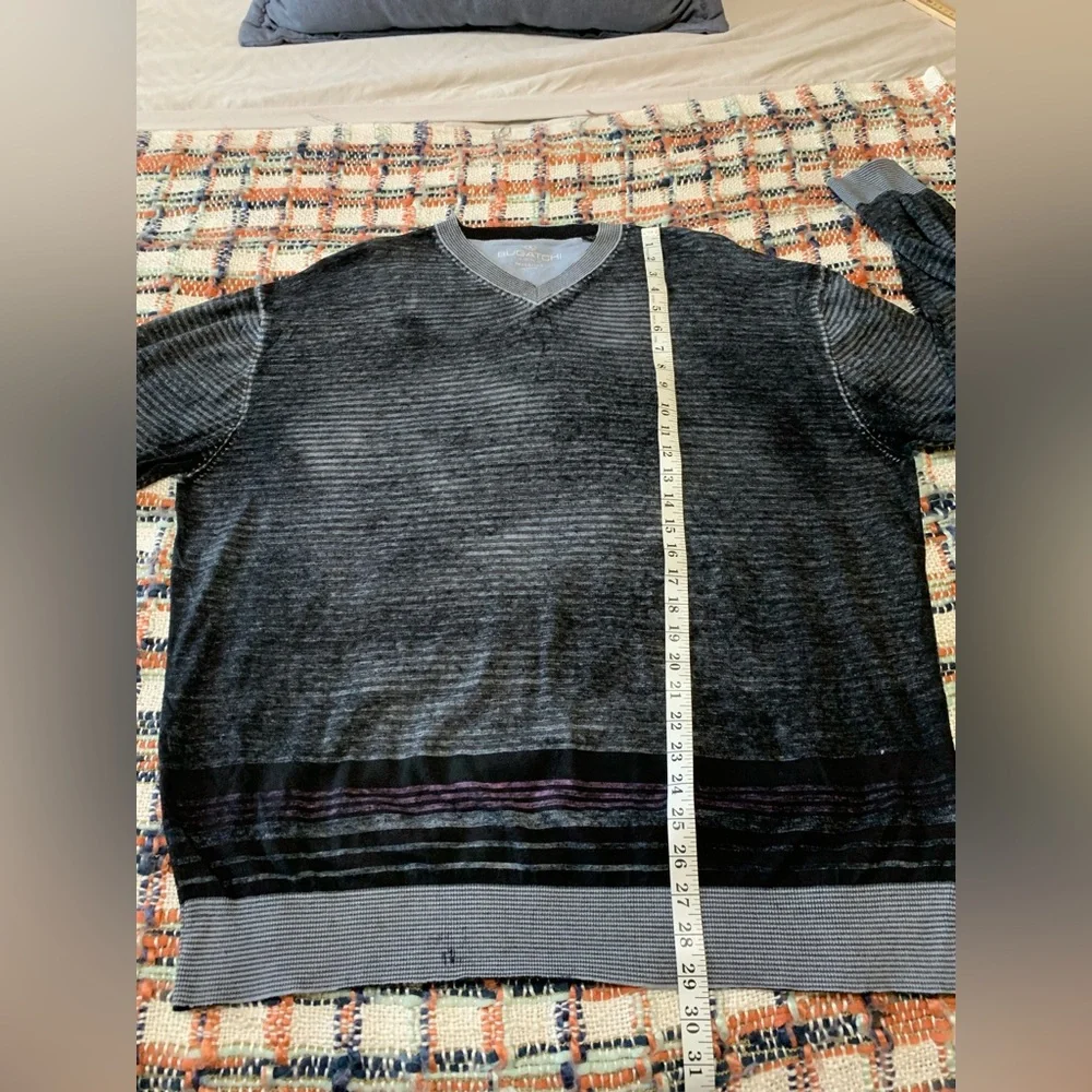Bugatchi Men's Striped‎ Black and Gray V-Neck Long Sleeve Woven Knit Sweater XXL